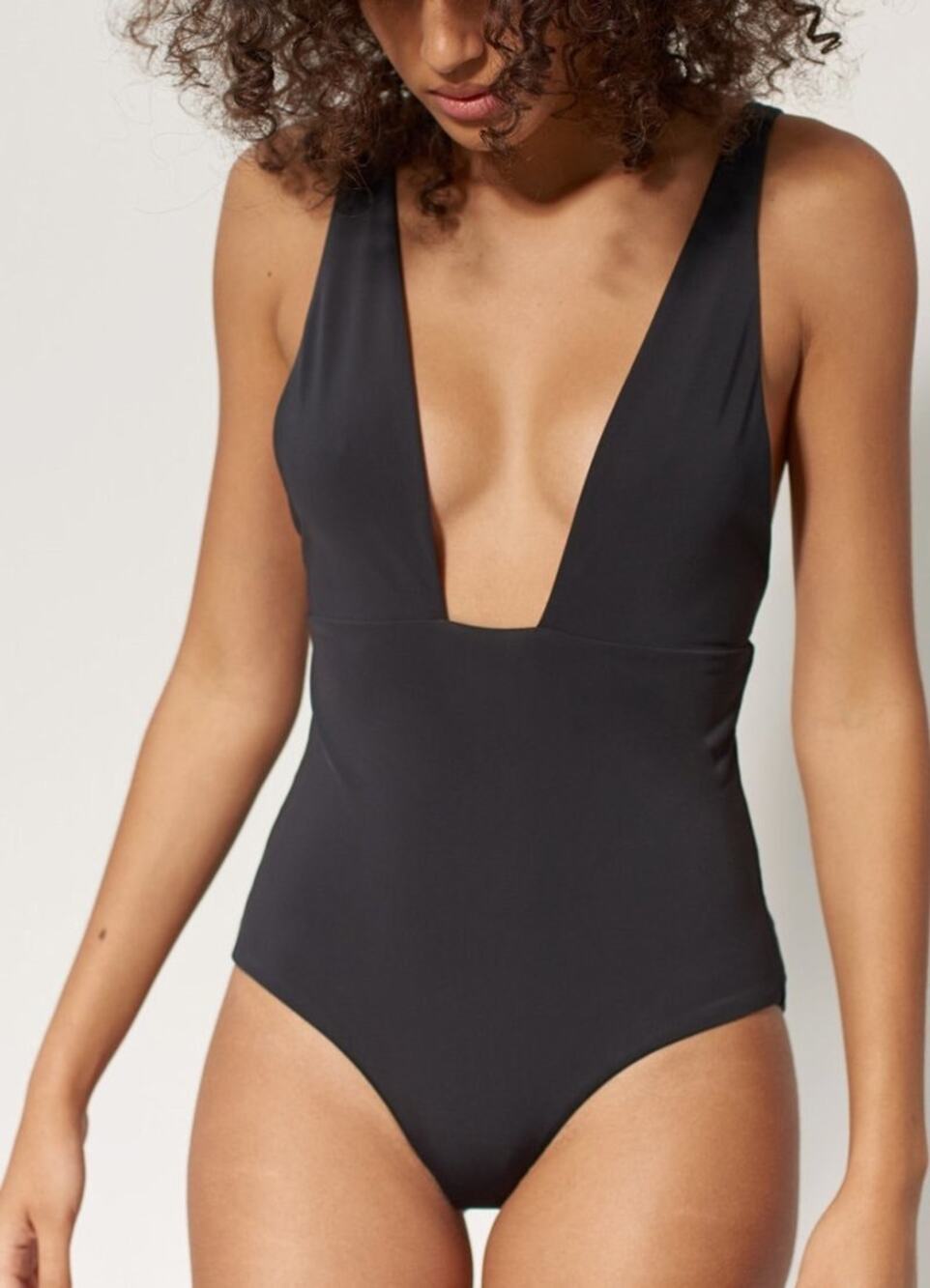 Mara Hoffman Audrey Black Plunge Neck One Piece Swimsuit Size Small